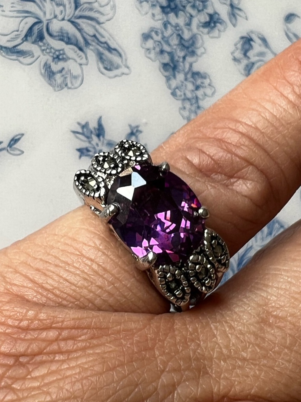 Purple Oval Statement Ring Vintage Inspired Marcasite Style Silver Size 5, 5.25